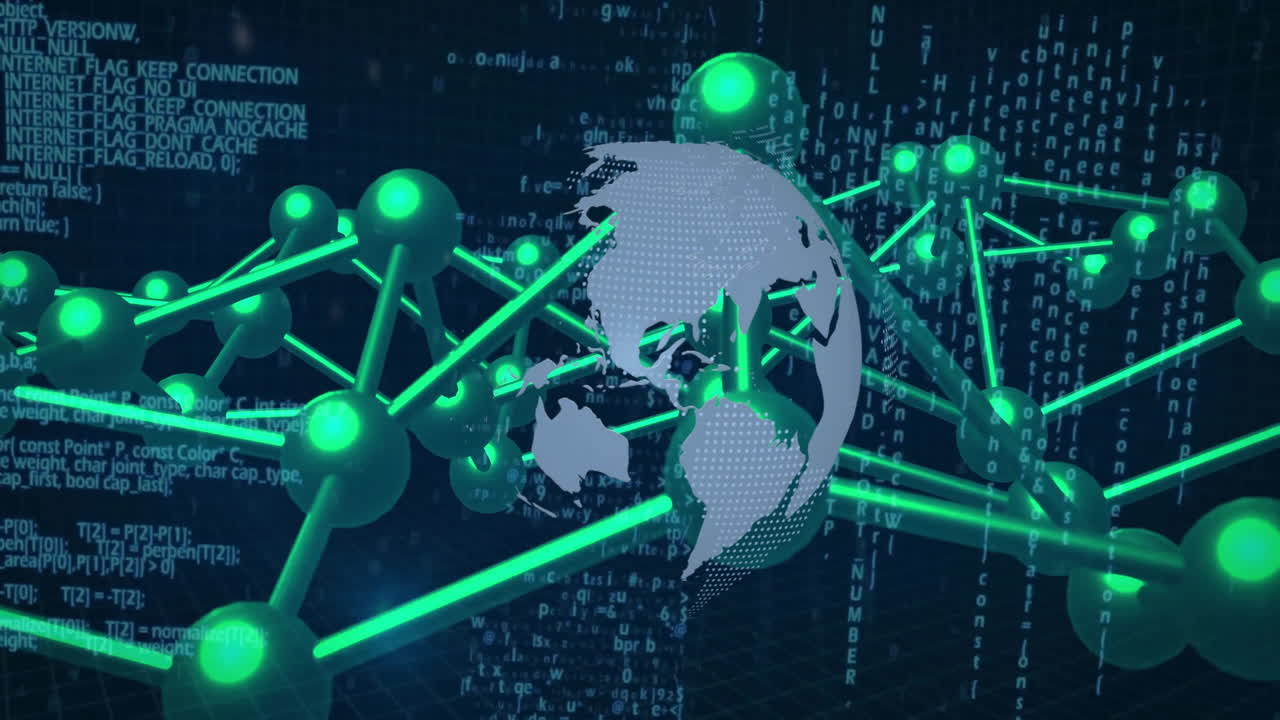 Global network connections and data flow animation over digital world map