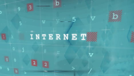 internet text animation over abstract blue background with numbers and letters