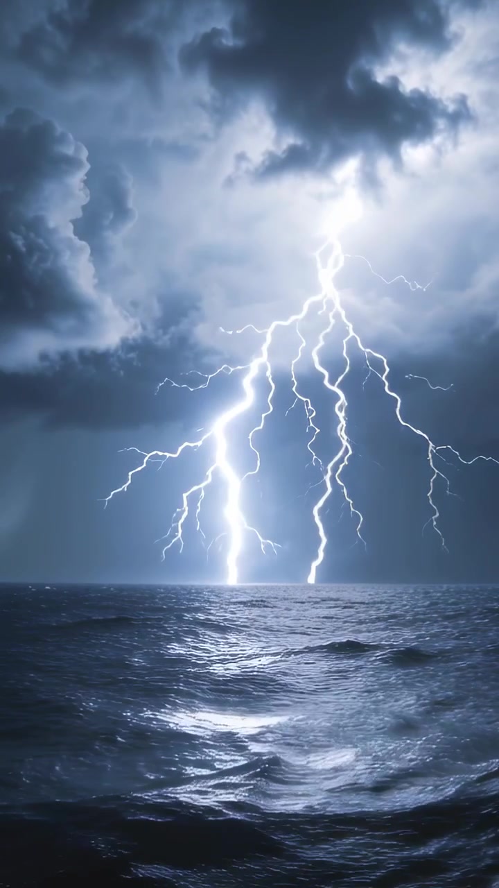 Video verticale: Fulmine che si abbatte, nuvole temporalesche che si addensano, illuminando l'oceano con un bagliore ramificato
