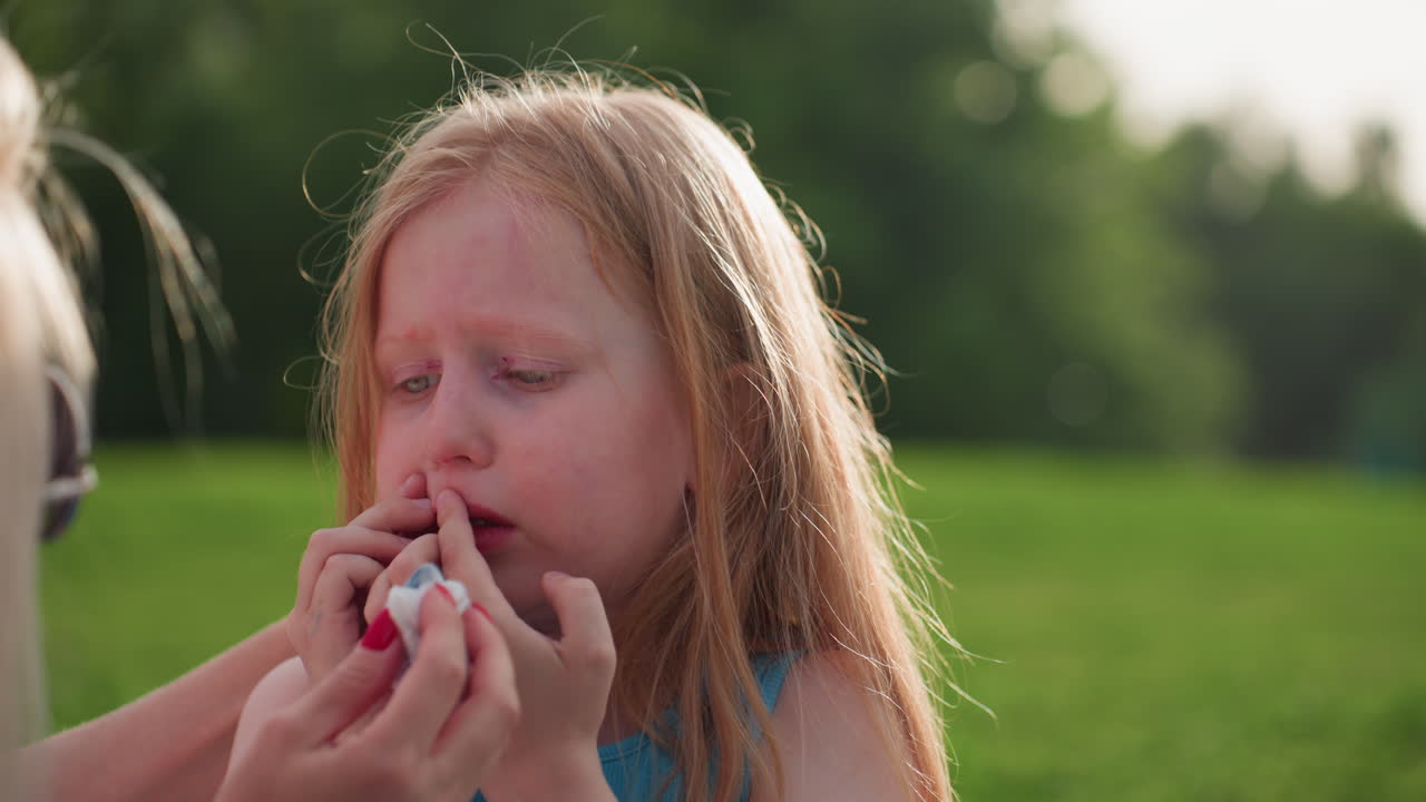 Bambina triste mentre la mamma le pulisce la pittura facciale da gatto dalle guance con un fazzoletto sull'erba verde, luce calda che ammorbidisce la scena, un'interazione ravvicinata che mostra emozioni contrastanti di cura e riluttanza.