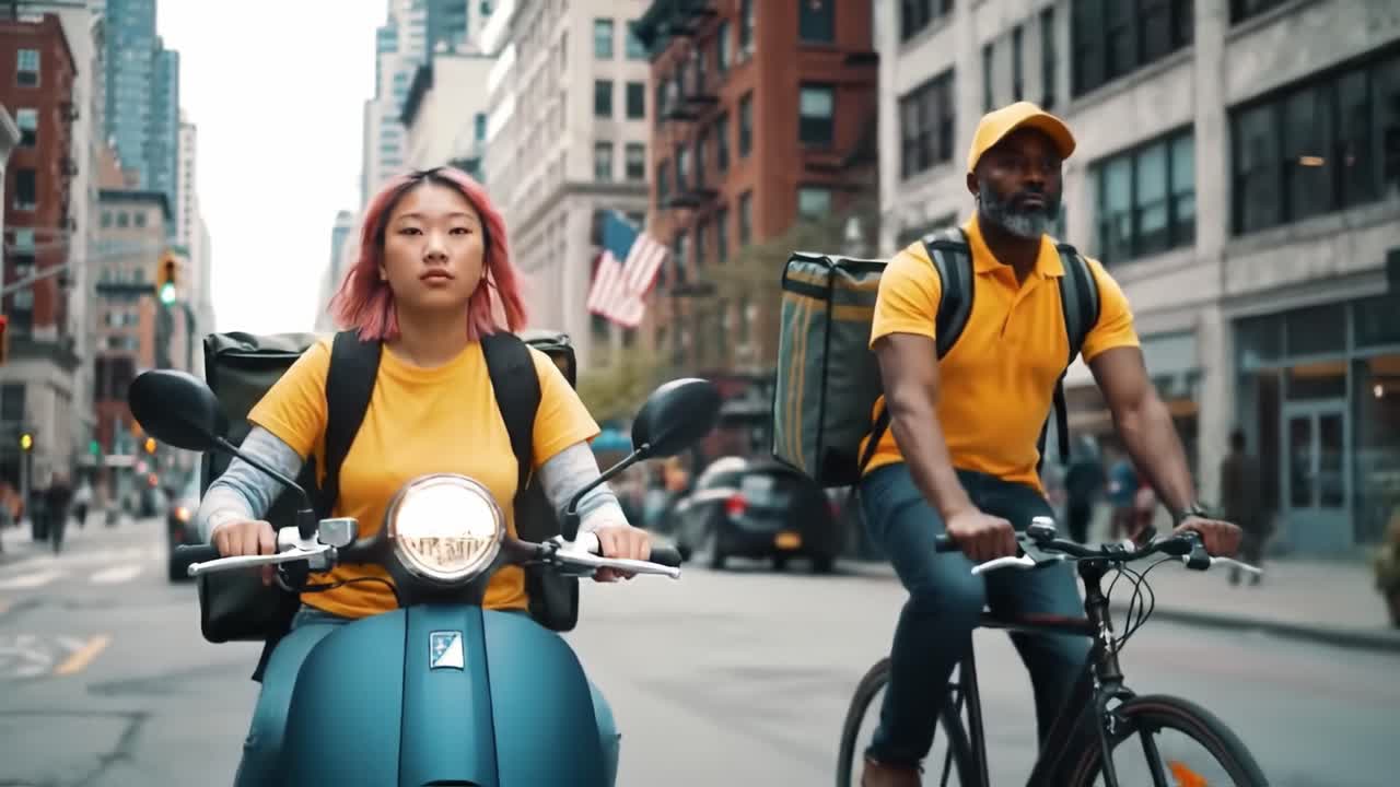 Two delivery riders, one on a scooter and another on a bike, traverse bustling urban streets. Both wear bright yellow uniforms, showcasing the dynamic city atmosphere.