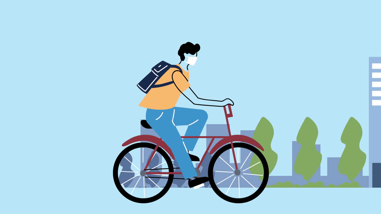 자전거에서 코로나19 예방을 위해 의료 마스크를 착용한 젊은이