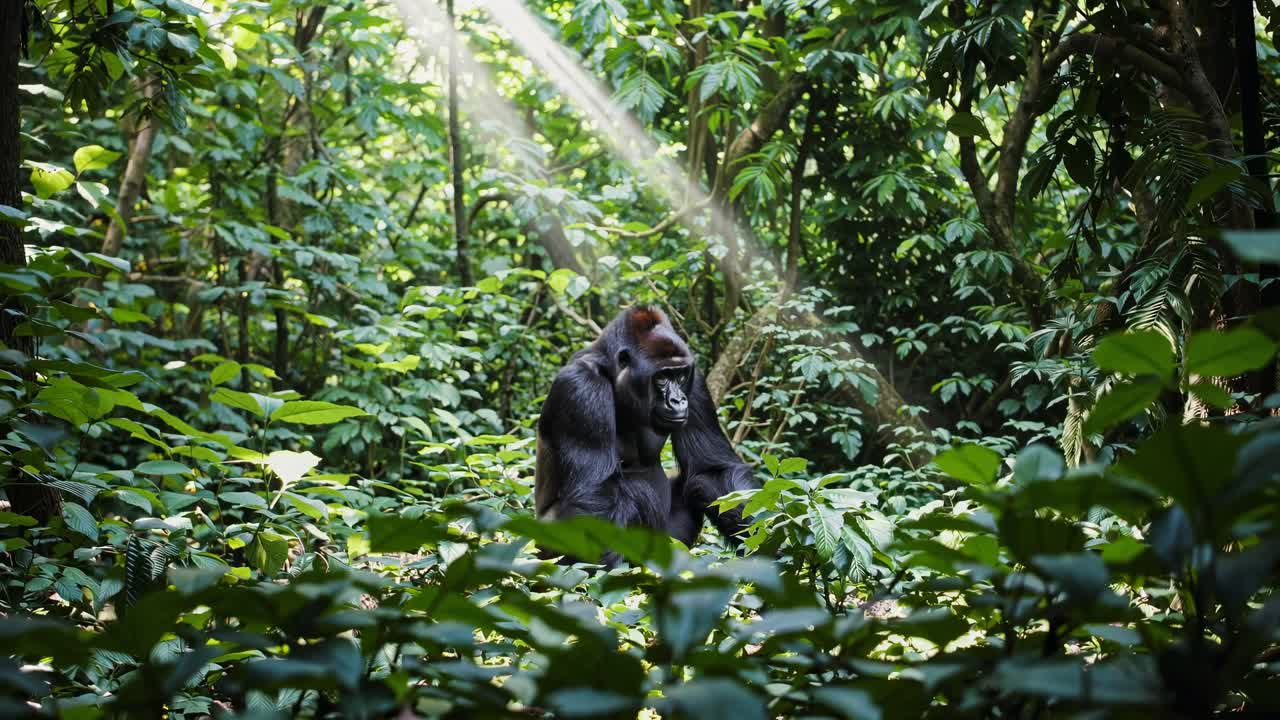 Close-up video shot of a gorilla in a lush forest, capturing its intense gaze and textured fur
