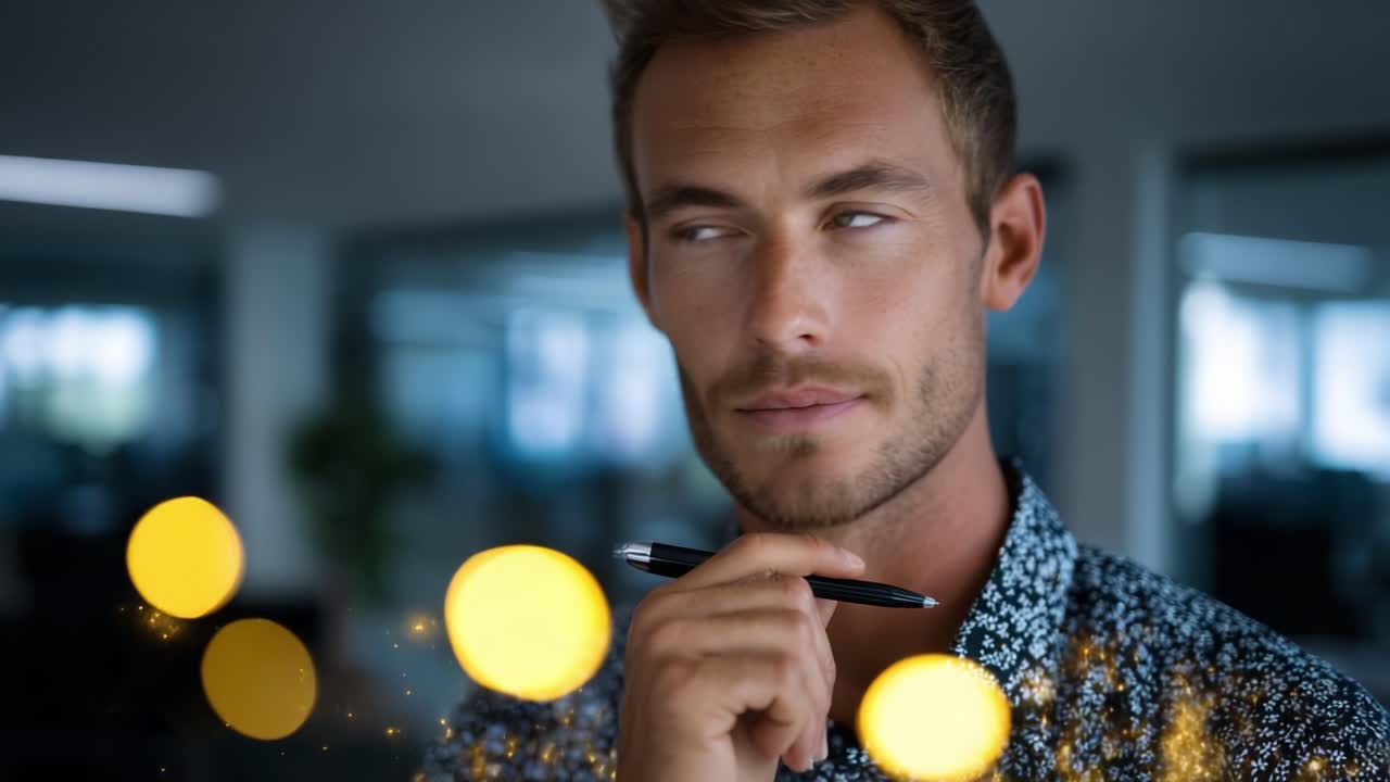 Tankefuld mand med pen, der overvejer idéer i et moderne kontormiljø omgivet af varmt bokeh-lys og funklende accenter, fordybet i eftertanke og kreativitet