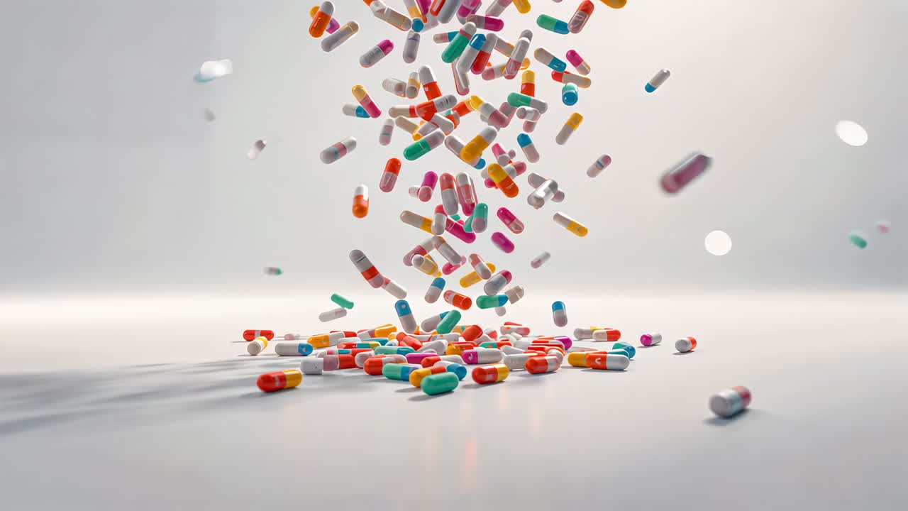Dropping colorful capsules from above, piling on studio tabletop, bouncing into reflective pile