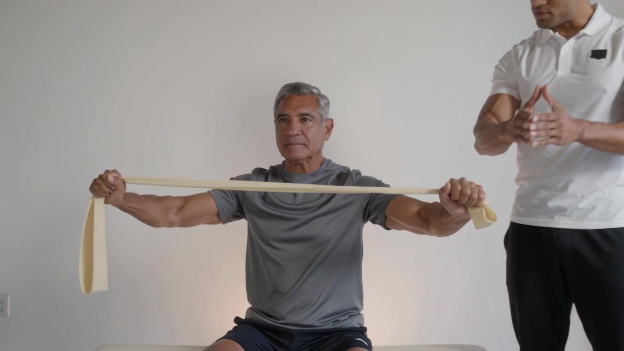 Pulling grey tee senior man holding beige band on bench trainer entering right guiding for fitness