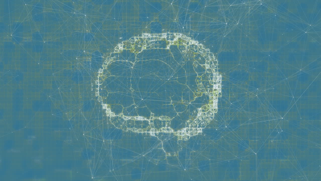 Animation of digital brain and network of connections over squares