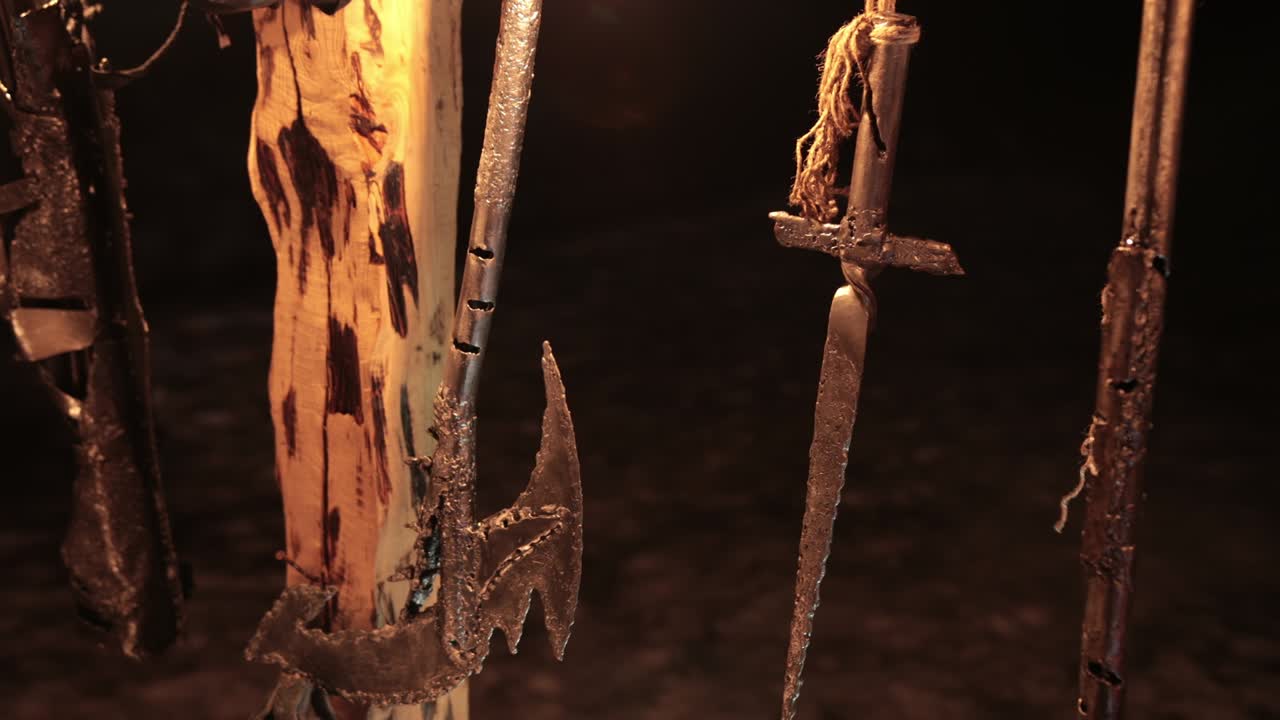 Battle armor, blades viking knives. Pedestal fighting between opponents, ritual