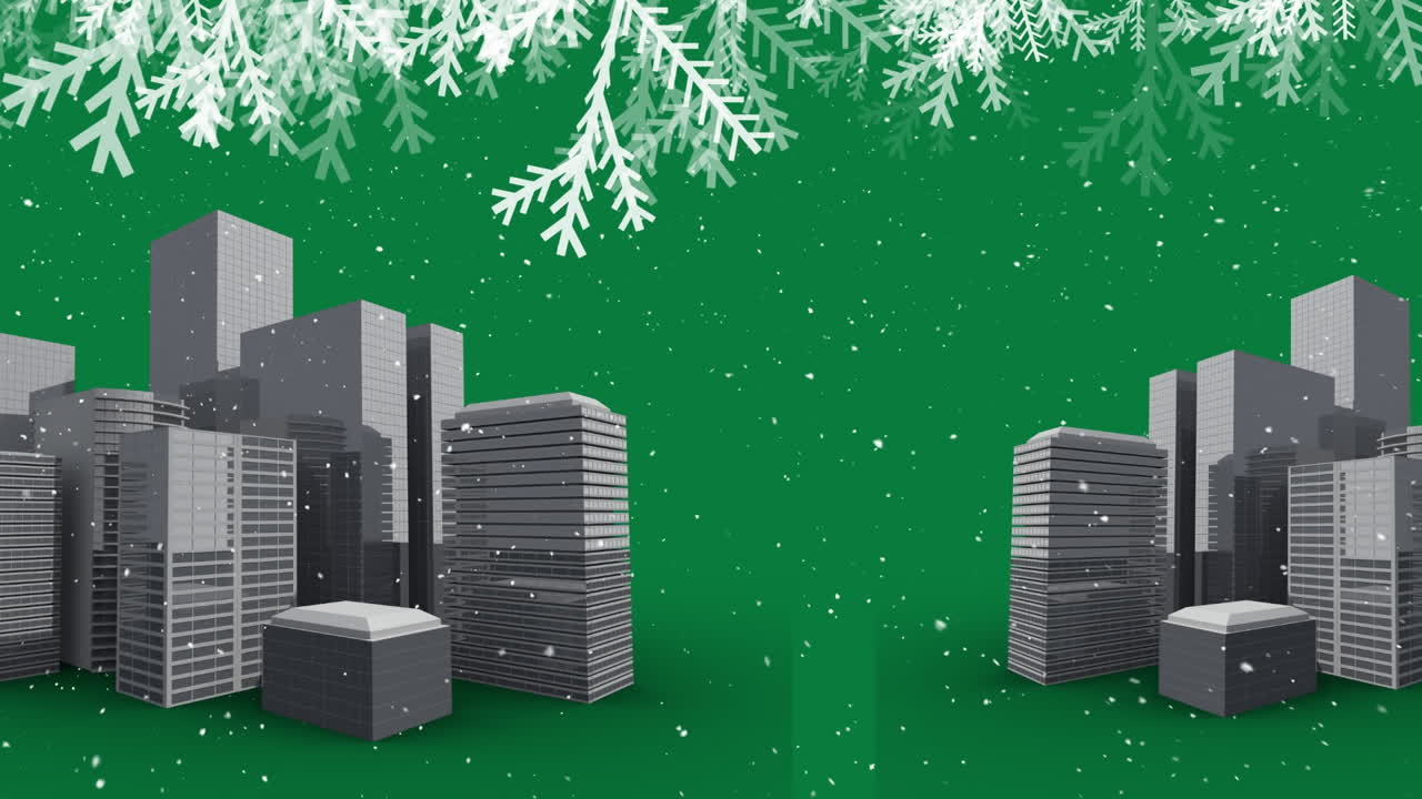 Animazione di neve che cade su decorazioni natalizie e paesaggio urbano su sfondo verde