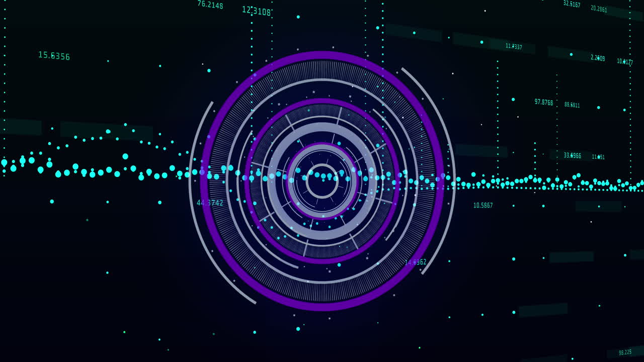 animación del escáner redondo púrpura y procesamiento de datos contra un fondo negro.