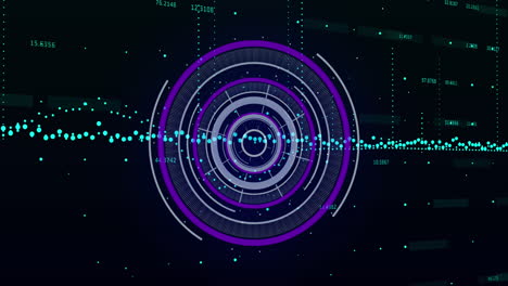 animation of purple round scanner and data processing against black background