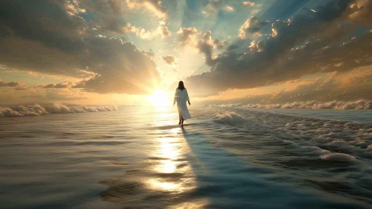 A surreal video concept with a low-angle view of a person walking on water towards a radiant sunset