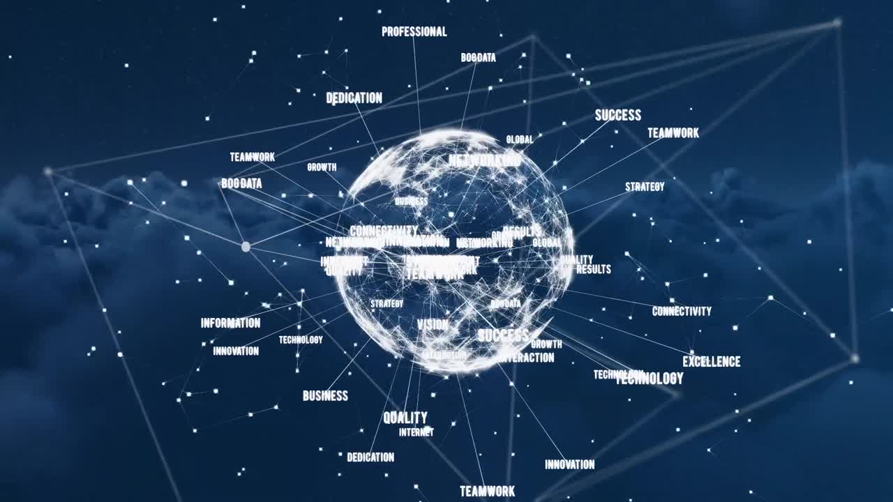 전 세계에 대한 텍스트의 애니메이션과 배경의 밀집된 구름 위에 연결된 점