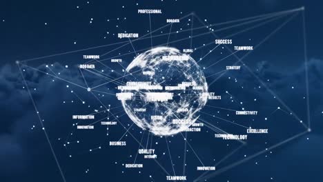 animation of text around globe and connected dots over dense clouds in background
