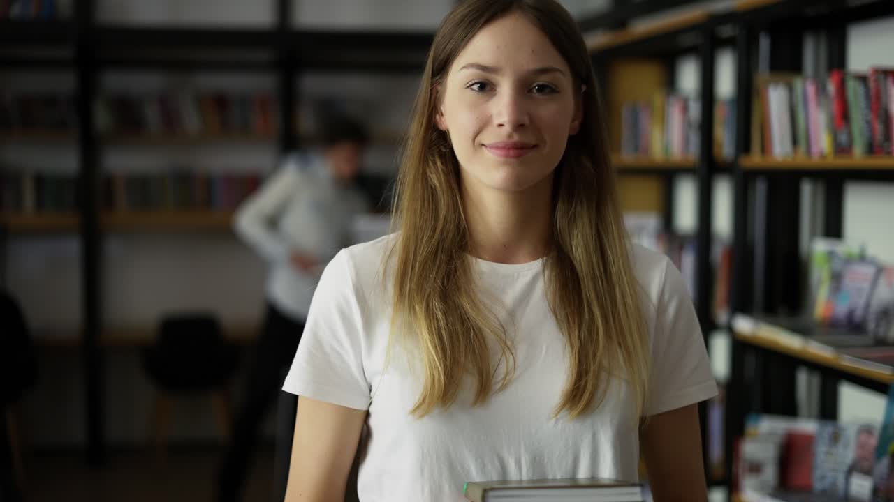 Studentessa cammina per la biblioteca con una pila di libri tra le mani, scaffali con libri, vista frontale. Giovane donna tiene libri in mano