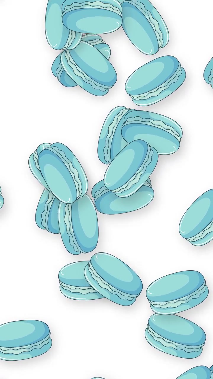 Blue French macarons fall continuously in a vertical loop over a clean white background.
