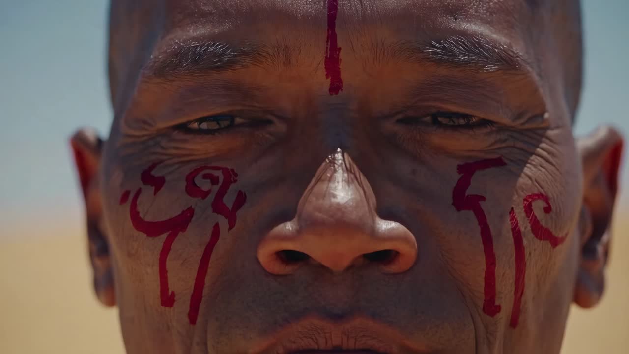 Close-up of a man with intricate red facial markings, transitioning from focused gaze to serene expression, capturing a moment of deep reflection in a sunlit desert environment