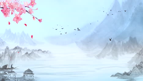 china's traditional, chinese painting ink in the mountains with flowers, tree, birds, and river in fog background artwork