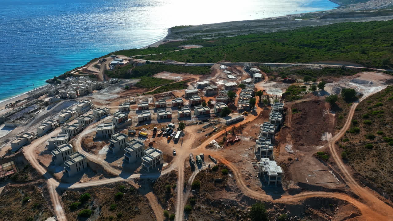 Aerial view of a resort complex under development, summer day in Albania
