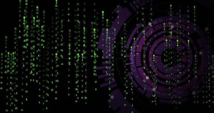 Digital Binary Code Streaming Over Abstract Purple HUD Interface
