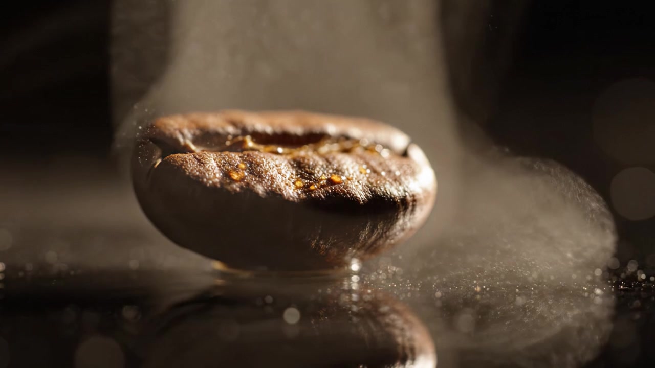 A Close-Up View of Roasted Coffee Bean on Glossy Surface with Aromatic Steam Rising, Capturing the Rich Texture and Flavor Essence in High Detail