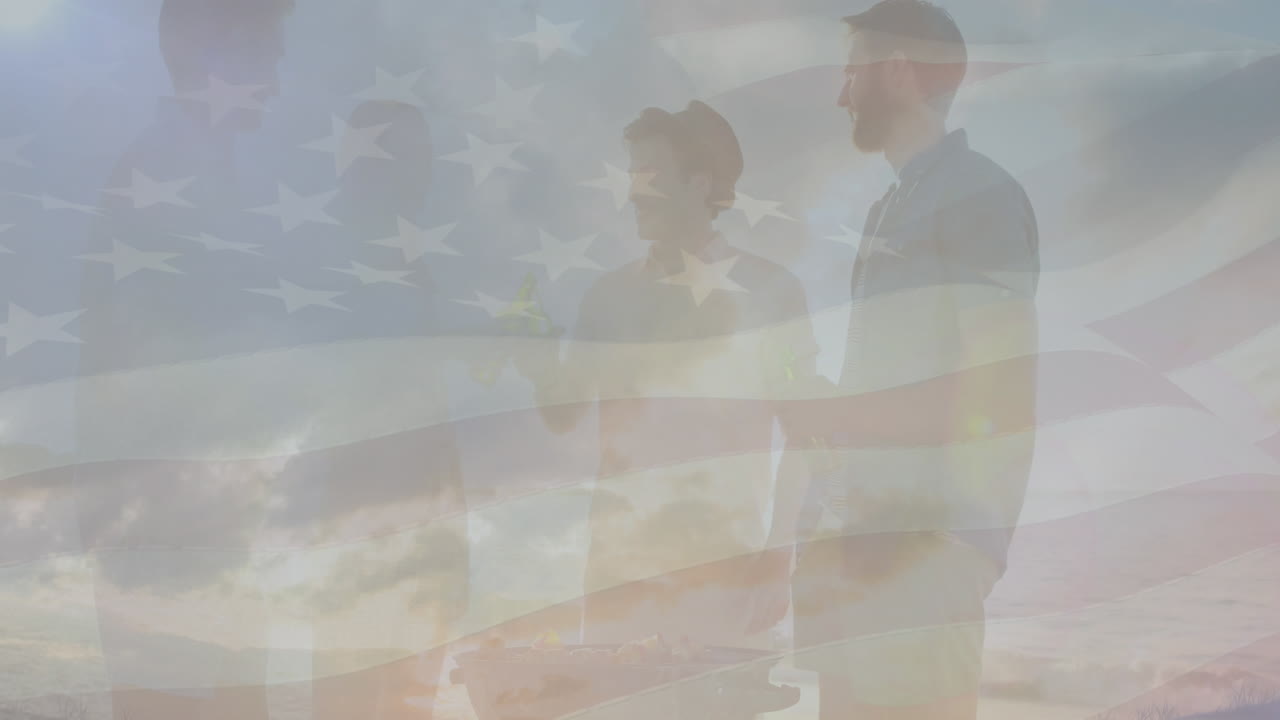 animación de diversos amigos bebiendo cerveza en la playa y bandera de los estados unidos de américa.