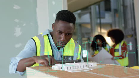 animación de procesamiento de datos sobre arquitecto afroamericano masculino en la oficina