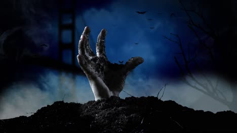 in the san francisco cemetery, a hand emerges from the gravesmoky background