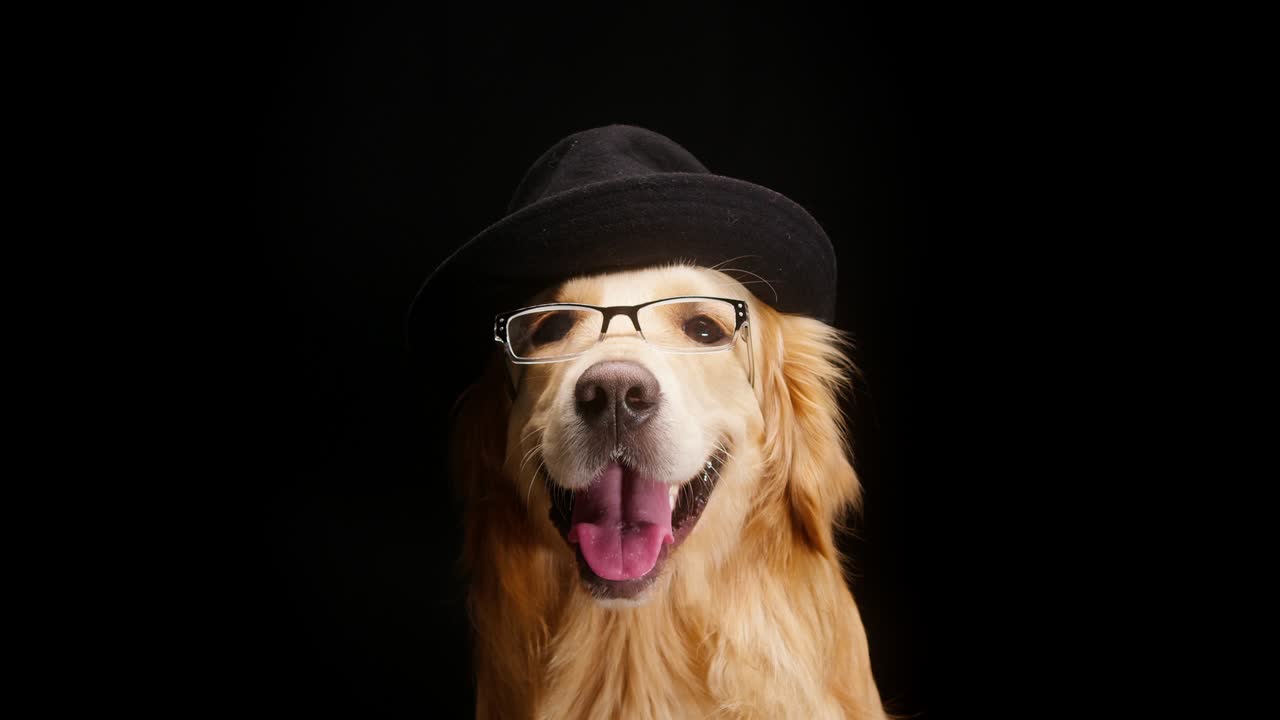 Golden retriever wearing black hat and glasses on black background, smart gold labrador dog breathing with open mouth and tongue out close up. Shooting clever domestic pet in studio