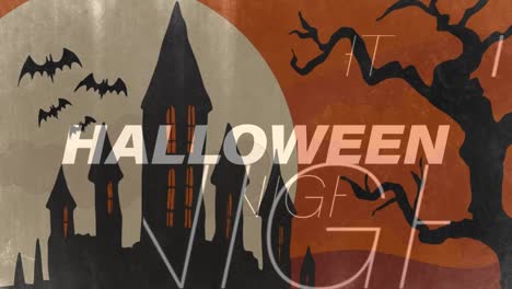 animación de la noche de halloween sobre fondo marrón con murciélagos, casa y árbol