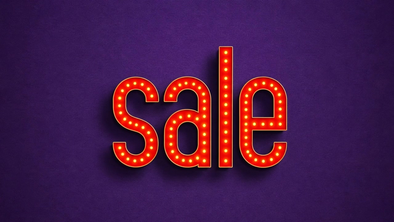 Animazione banner promozionale Saldi con tipografia neon retrò su sfondo viola.