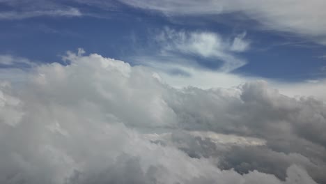 cinematic footage flying through a breathtking cloudscape, captured from a jet cockpit flying through layers of ethereal clouds. 4k