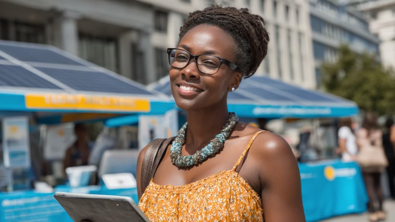 Donna sorridente in abbigliamento estivo si gode un'esperienza al mercato all'aperto, mettendo in mostra uno stile vivace e un'atmosfera coinvolgente in un vivace evento di comunità