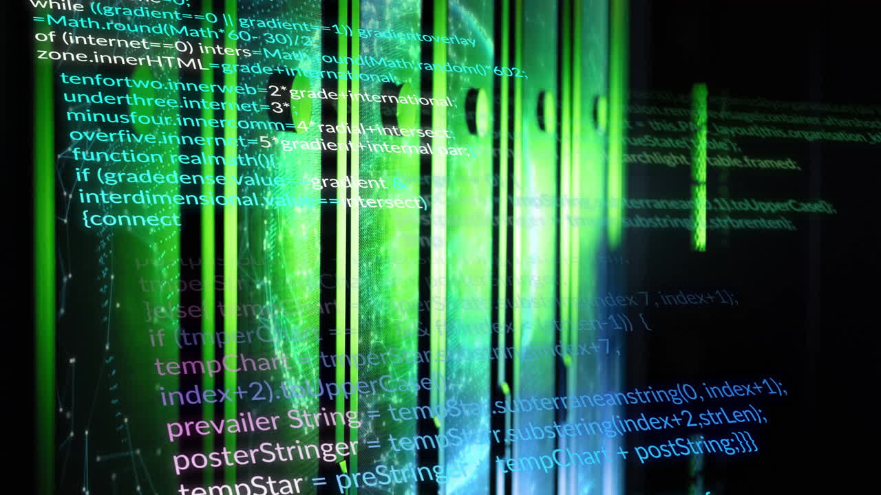 Digital code and data processing animation over abstract green and blue background