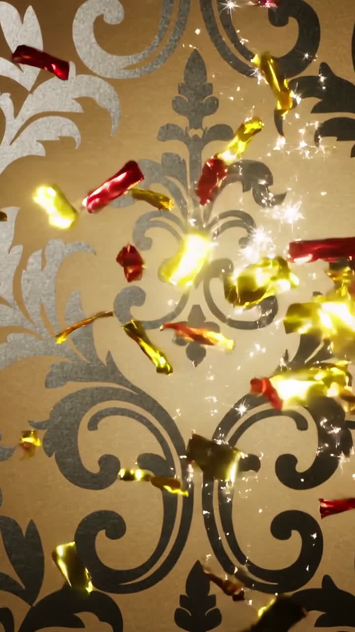 Video verticale: Coriandoli in lamina rosso-oro che cadono dopo il rilascio, riflettendo la luce su una parete damascata