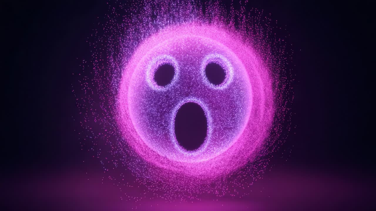 An eye-catching visual representation of a surprised emoticon, created with dazzling particle effects that convey emotion and intrigue in a vibrant purple and pink color scheme