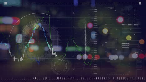 animación de diversos datos y gráficos en pantalla digital durante la noche el tráfico vial borroso