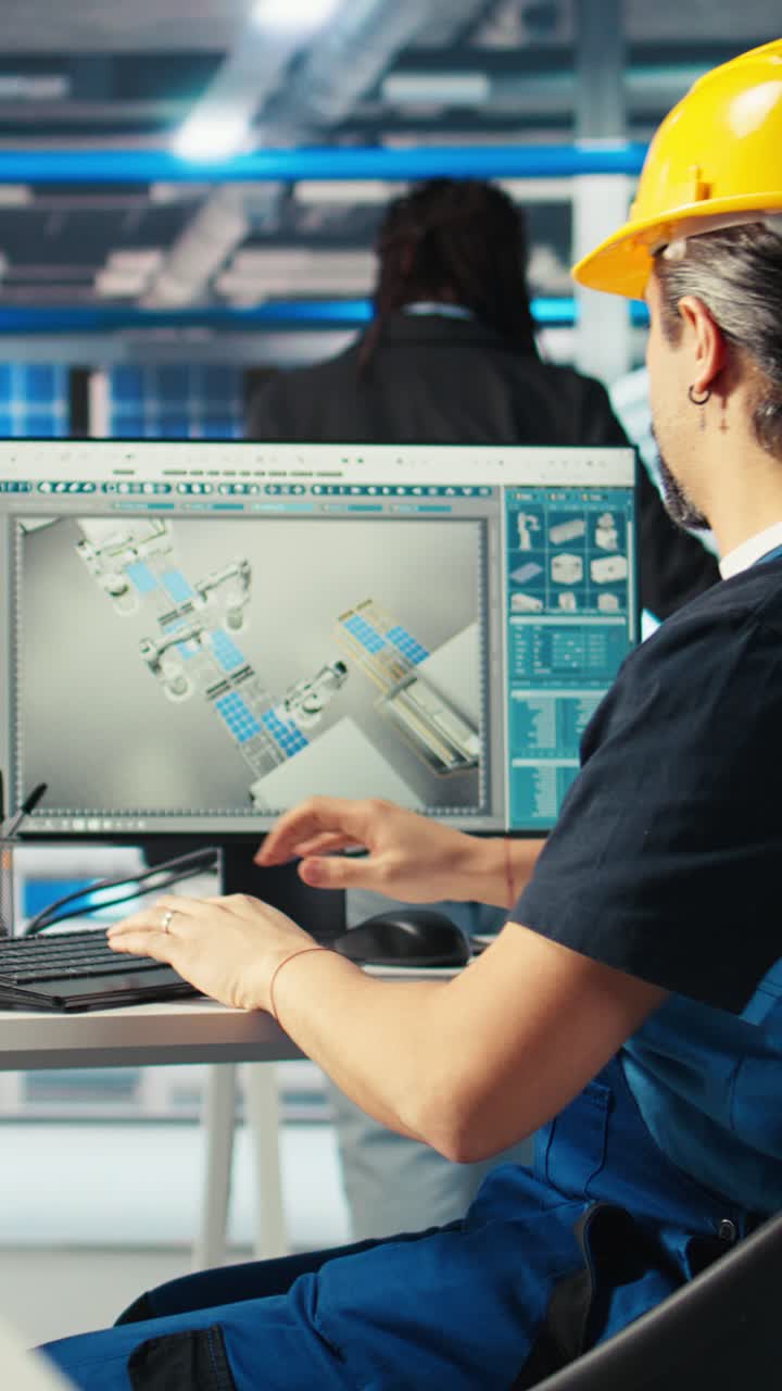 Vertical Video Eco Friendly Solar Panels Plant Technician Designing Production Lines On Pc