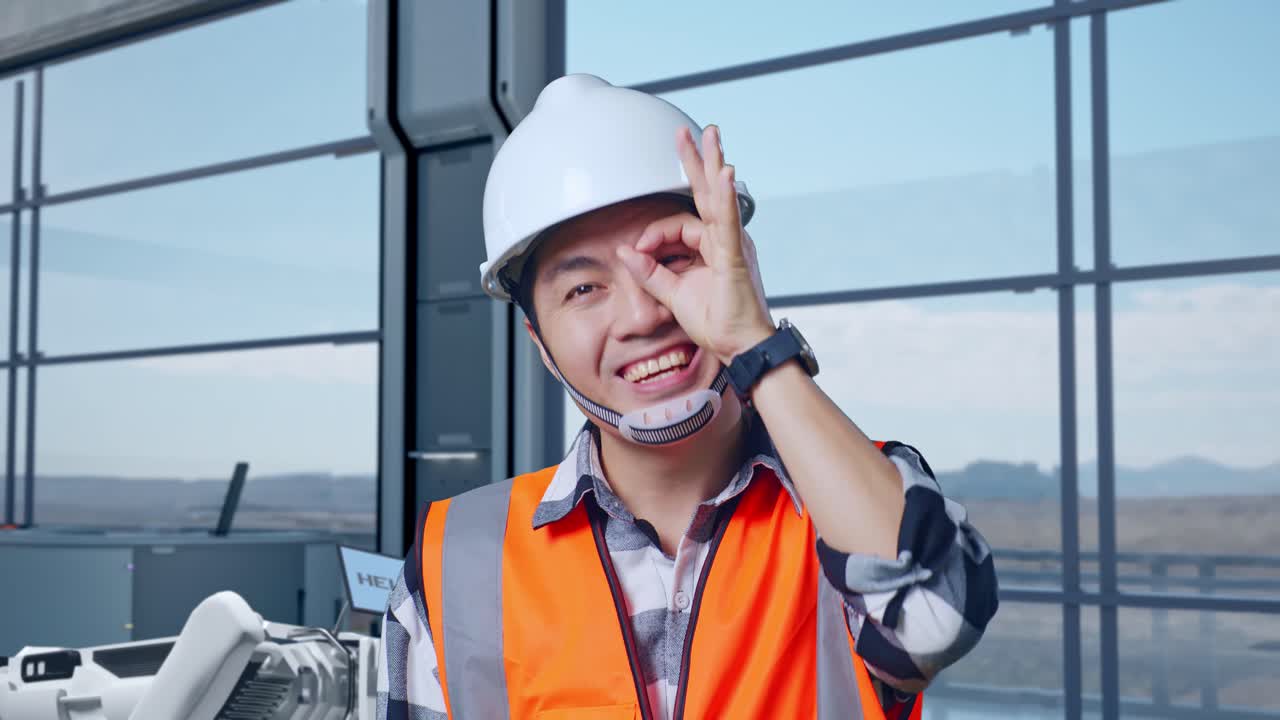 안전 헬을 입은 아시아 남성 엔지니어가 하이테크 공장에서 로 기계 개념을 분석하며 카메라에 미소 짓고 눈 위에 ok 손 표시를 보여줍니다.