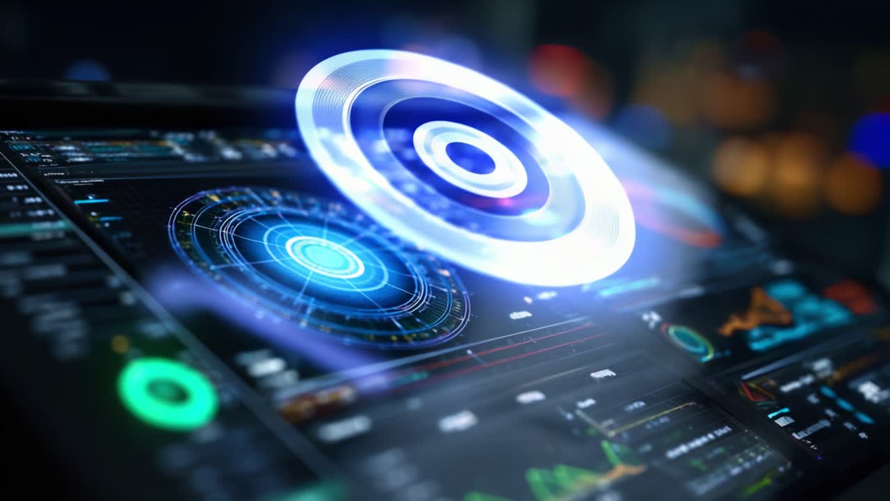 Futuristic Digital Interface with Data Visualization, Graphs, and Interactive Elements Displaying Complex Information in a High-Tech Environment