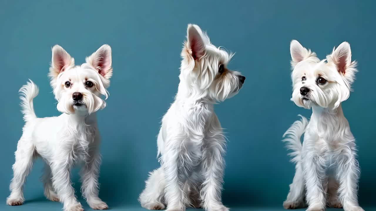 tres perros blancos sentados frente a un fondo azul