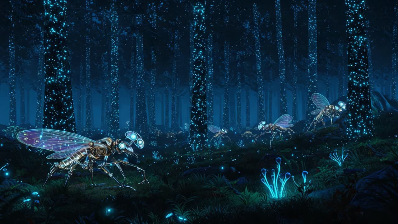 A Mystical Nightscape: Bioluminescent Robotic Insects Roaming a Enchanted Forest, Shimmering with Light and Wonder, Surrounded by Luminous Flora and Ethereal Atmosphere