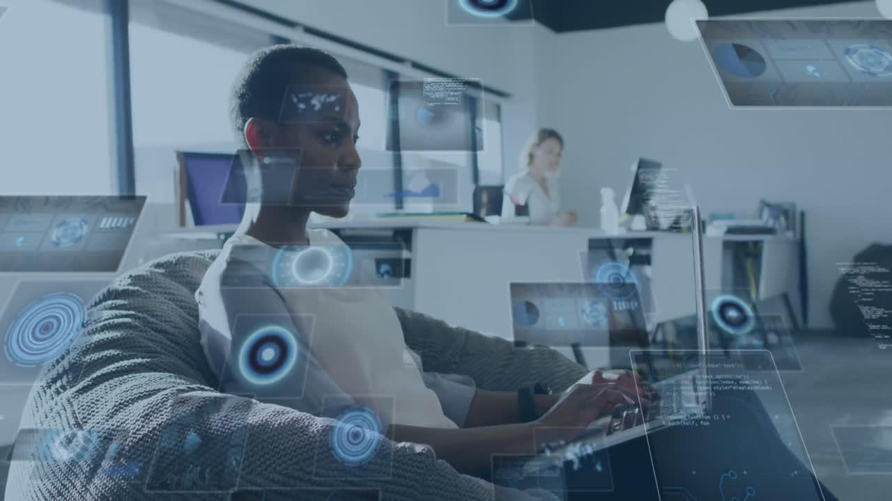 Animation of round scanners and data processing over african american woman using laptop at office