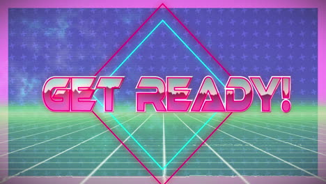 animación digital de texto listo sobre banner de neón contra la red de cuadrícula verde sobre fondo azul