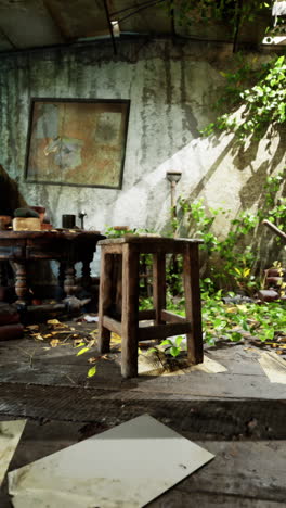 abandoned room with overgrown plants