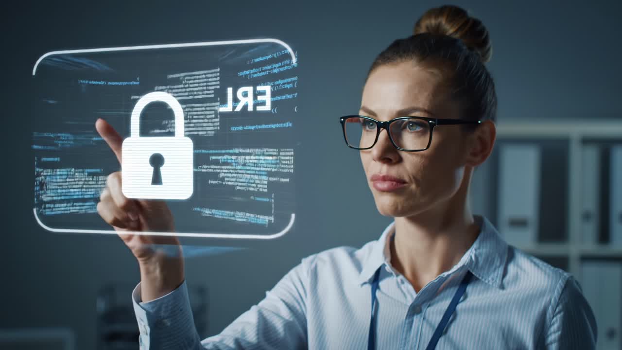 Focused Professional Analyzes Data Security with Virtual Interface and Lock Symbol, Representing Importance of Innovation in Cybersecurity and Technology Responsibilities