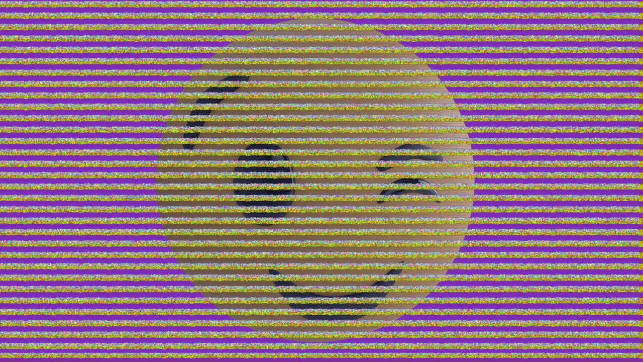 animación de emoji de sonrisa sobre el ruido en la pantalla sobre fondo púrpura y blanco