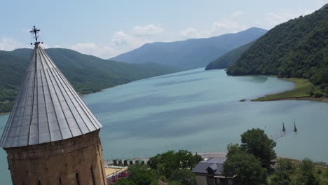 ananuri churches and fortress wall, overlooking a beautiful valley, river and lake