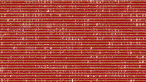 Animation of binary coding data processing with glitch on red background