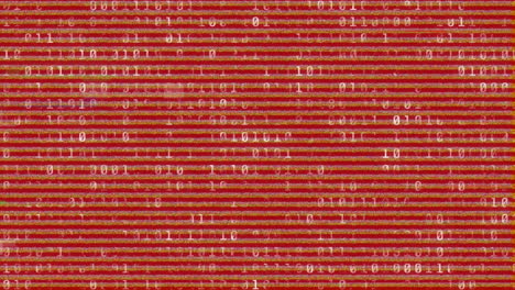 animation of binary coding data processing with glitch on red background